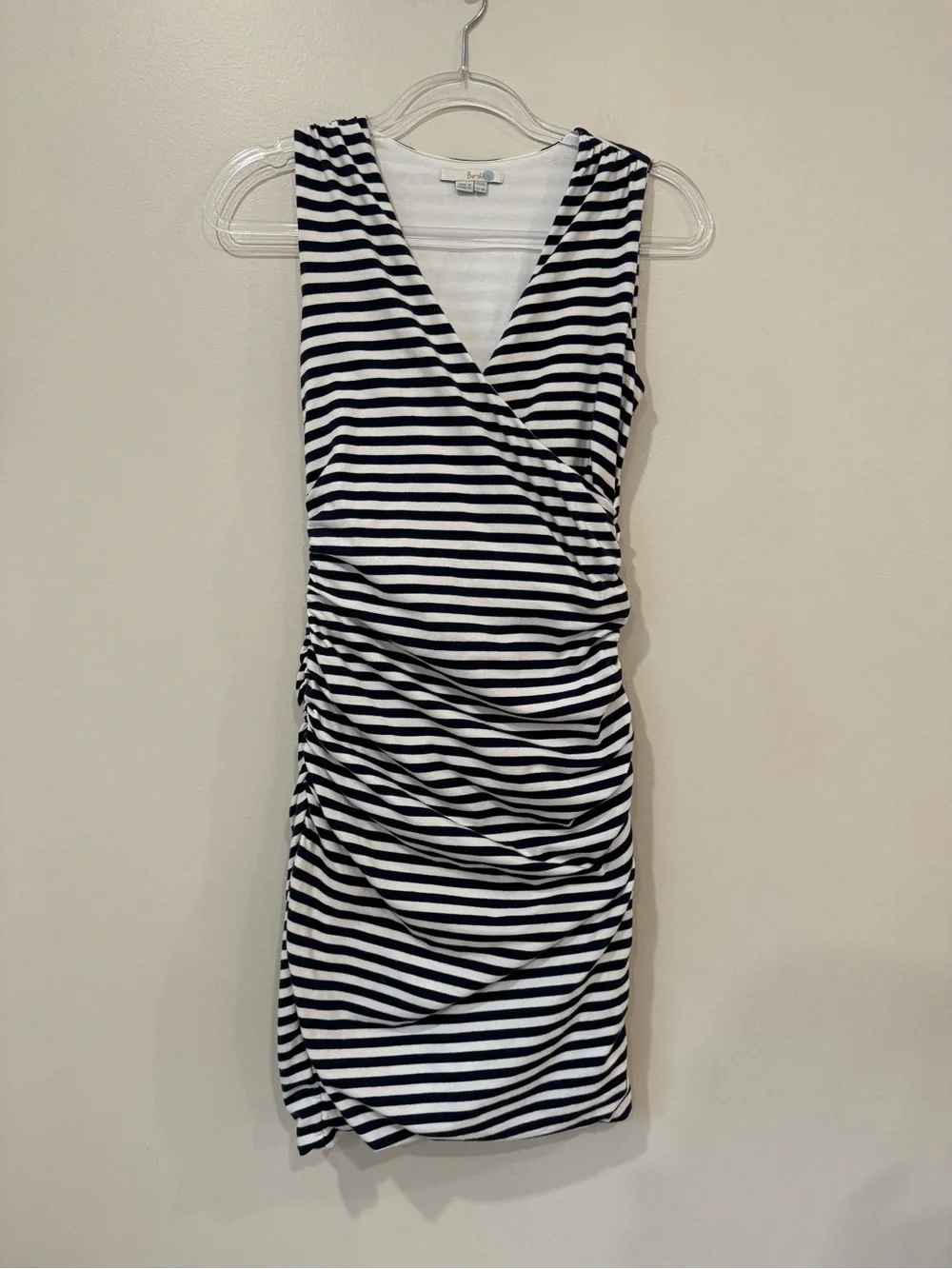 Boden Navy & White Striped Ruched Faux-Wrap Jersey Dress